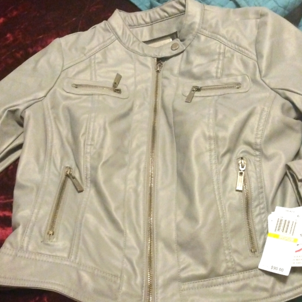 Gray, vegan leather jacket